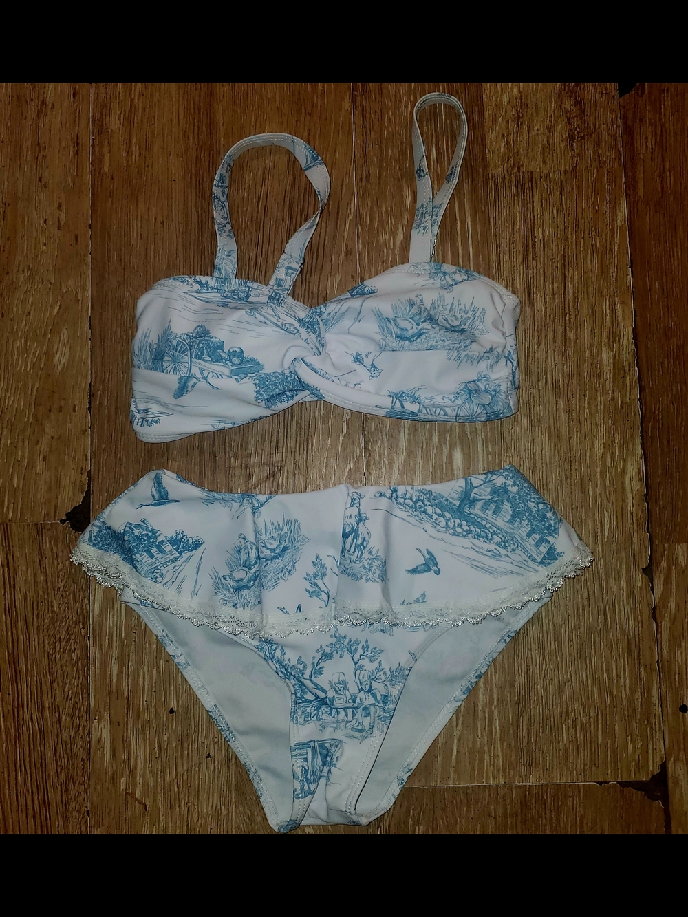 Big Kids Blue & White Toile Two-Piece Bikini